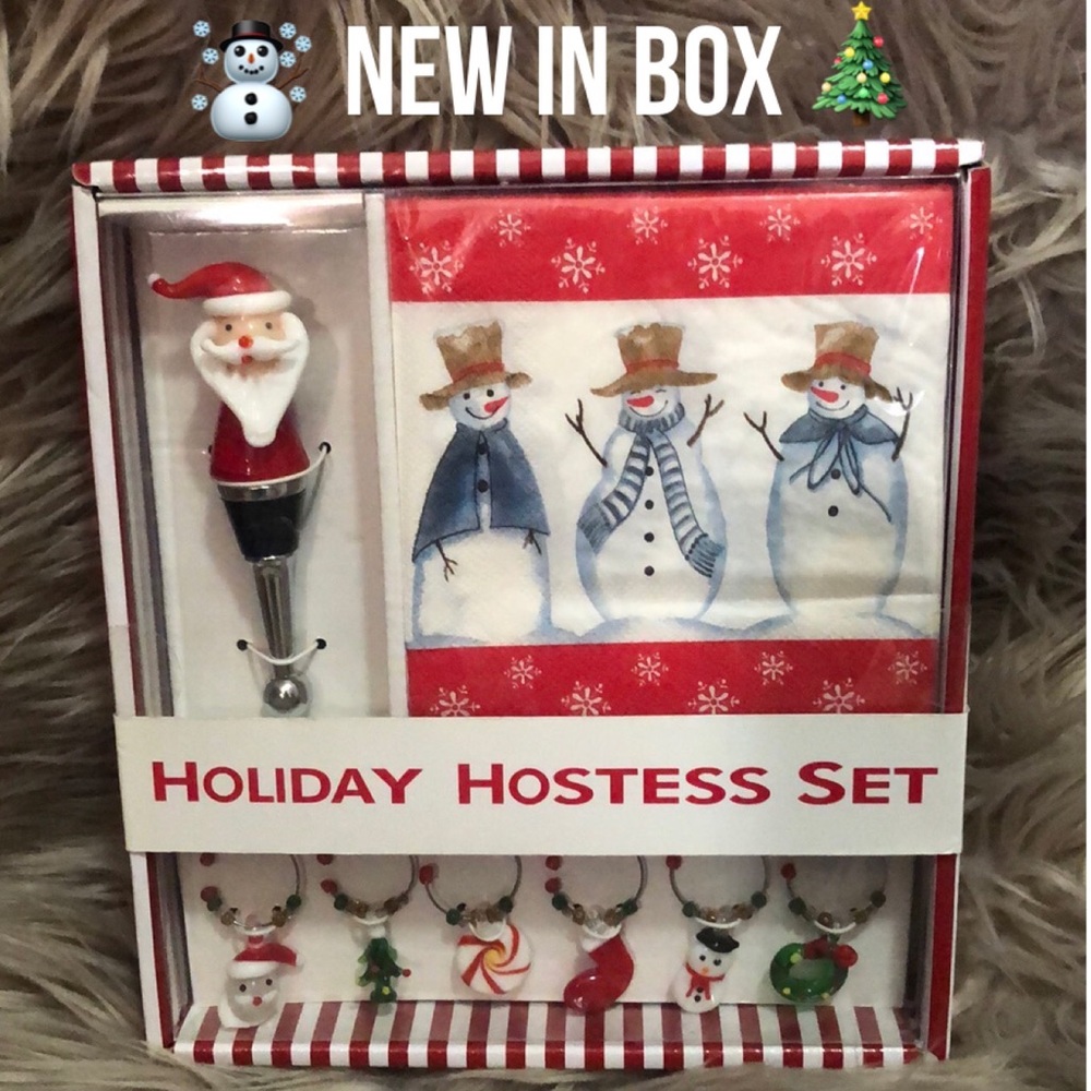 New in Box “Hostess Set” Wine Charms/Bottle Stopper/Napkins-Holiday Vibes